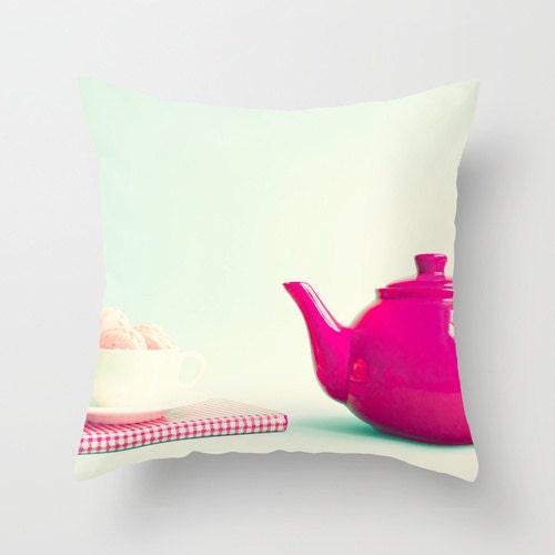 SALE, Turquoise Pillow, Pink Pillow, Pillow Cover, Red, Pillow, Mint Pillow, Spring Decor, Tea, Teapot 16 x 16 or 18 x 18