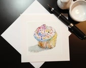 Birthday Cupcake Watercolor and Ink Art Greeting Card by Artist Rebecca Stahr
