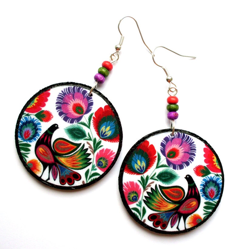 Polish Folk earrings, decoupaged in lilac, red, green, orange, colorful birds flowers, perfect gift