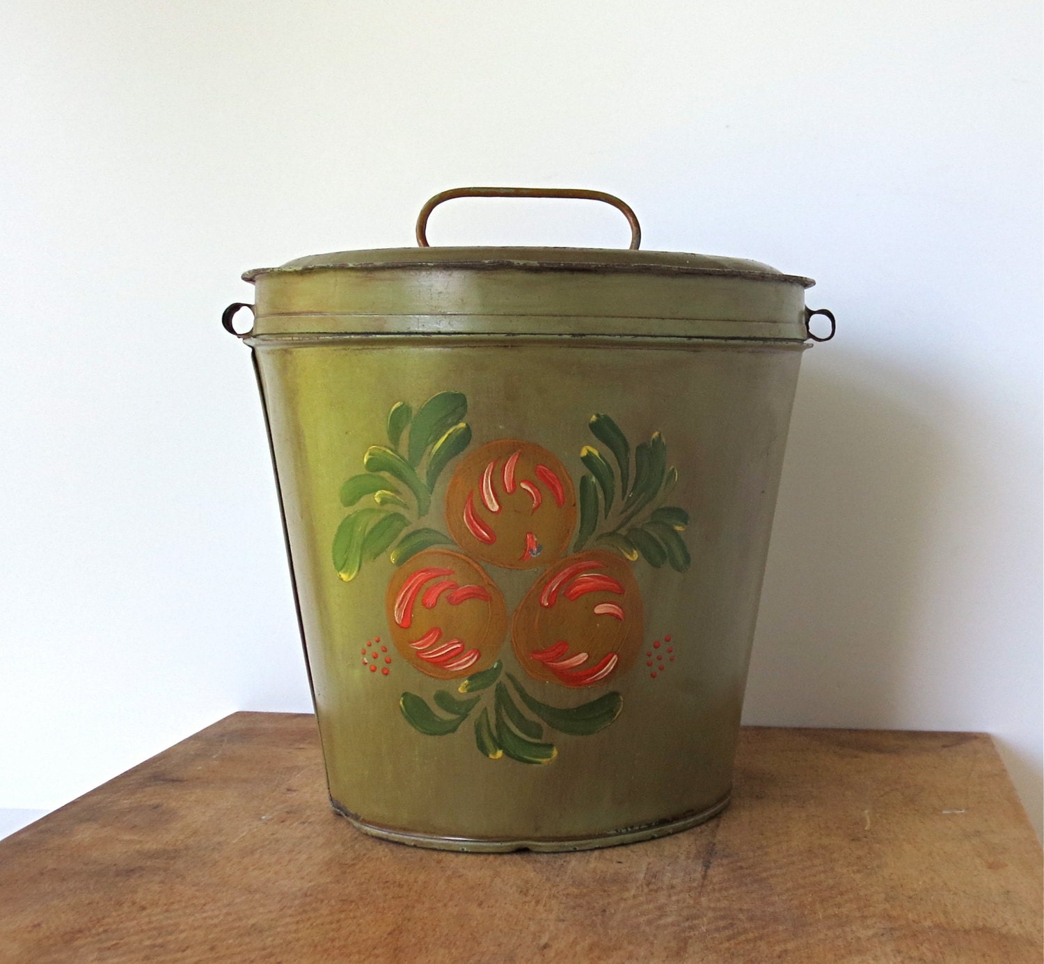 Antique Toleware Berry Bucket / Milk Pail / Two Quart
