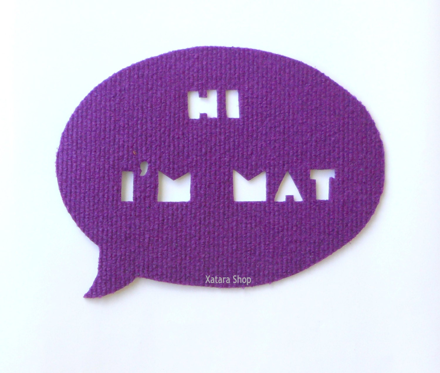 Funny home decor rug. Speech bubble shape "Hi, I'm Mat"