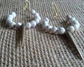 Hoop Earrings With Brass Spike and Howlite Beads, Rustic, Semi-precius gemstone