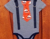 NEW - Baby Boy Tie Onesie and Suspender Bodysuit - Sailboat Navy Striped -  Spring, Summer, Childrens Fashion