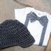 GET THE SET - Baby Boy Bowtie & Suspender Onesie with Newsboy Hat - Black and White Chevron Bowtie - Birthday, Baby Shower, Wedding