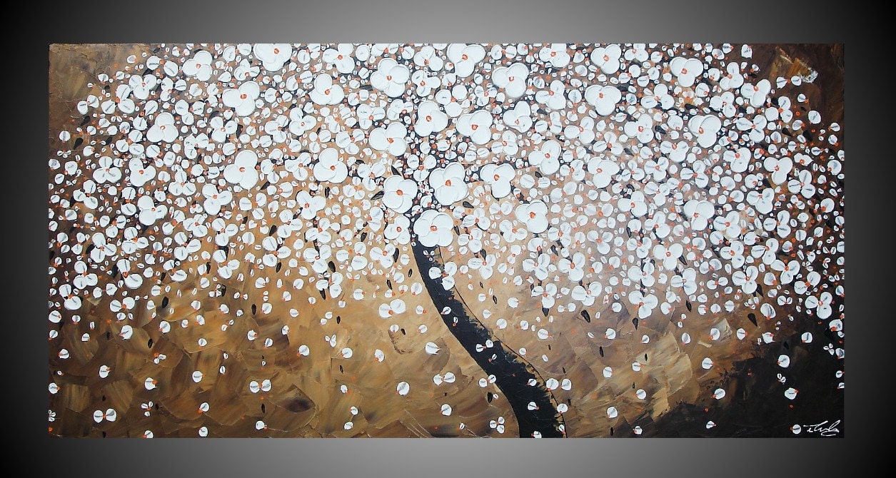 48 x 24 Abstract Acrylic Painting large Canvas Tree Landscape Textured Earth tonesBrown Sienna Beige Creme White 3D Wall Deco FREE SHIPPING