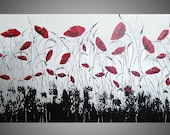 72" x 30" Oversized Painting Poppies Flower Abstract XXL Wall Deco Large Art Black White Red Ready to Hang FREE SHIPPING