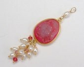 Magenta Pink Drusy Quartz, Pink Tourmaline, Pearl Vermeil and Gold-filled Pendant