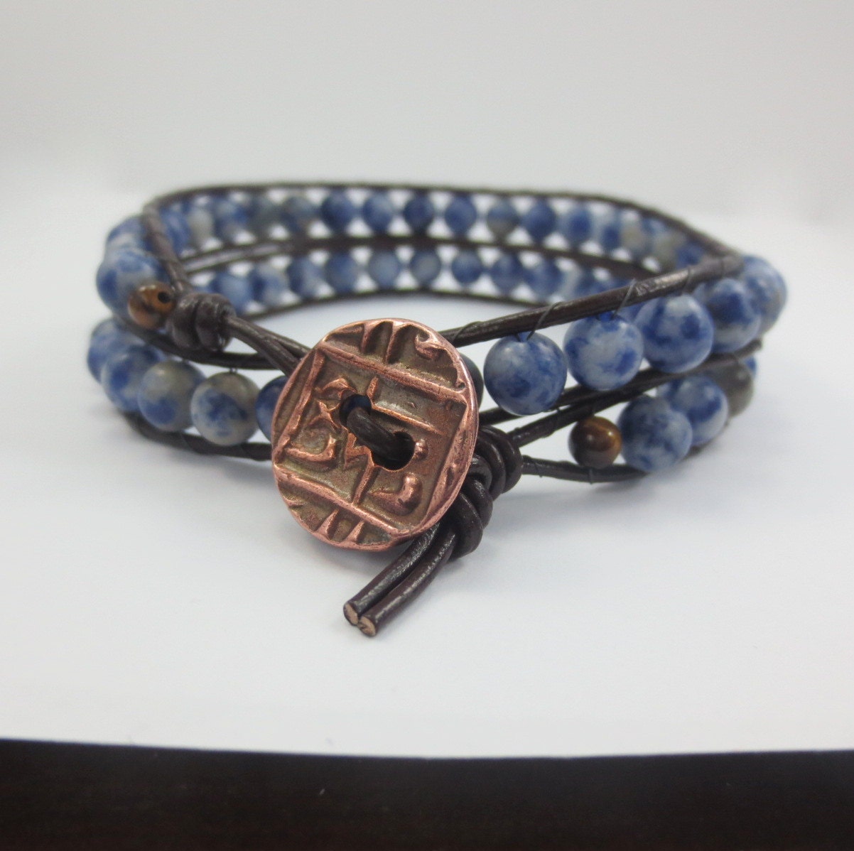 Men's Sodalite Gemstone 2 Wrap Leather Energy Bracelet Copper Button