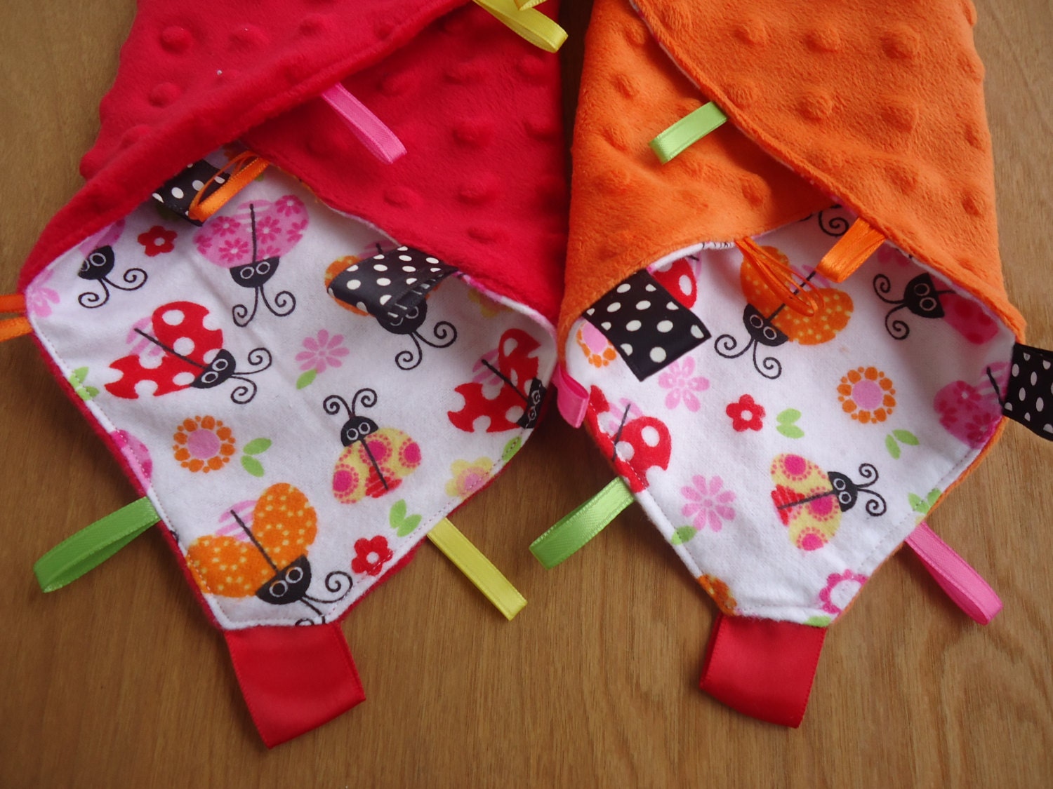 Lady bug Minky Tag Blanket - Ladybug Bedding - Baby Girl Blanket - Valentines Gift - Ribbon Toy -
