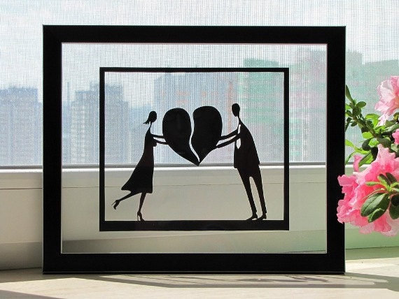 Couple In Love Holding Heart Handmade Original Papercut First Anniversary Personalized Gift: Hand-Cut Paper Art Silhouette (UNFRAMED)