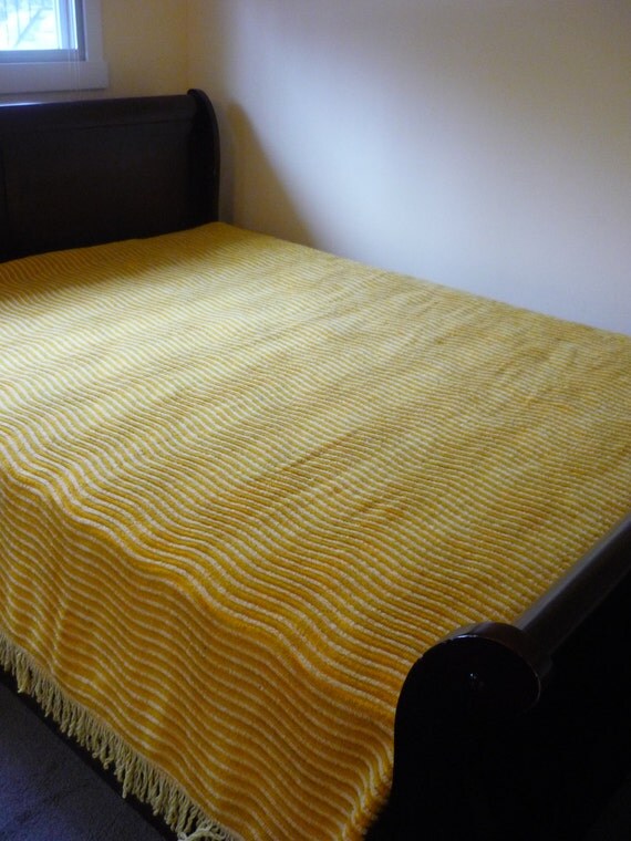 Vintage Chenille Bedspread Yellow Wave Pattern Queen by bellaroni