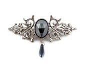 Hematite Brooch Pin in Antique Silver Plated - Gothic, Victorian -Faceted cabochon and Dangle - Accessory, Gift
