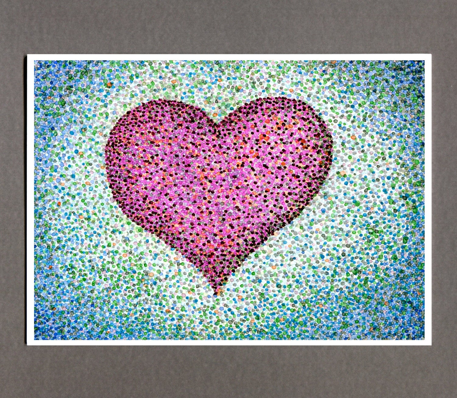 Pointillism Heart Card, Valentine 5x7 Art Print, Pink and Blue Dots