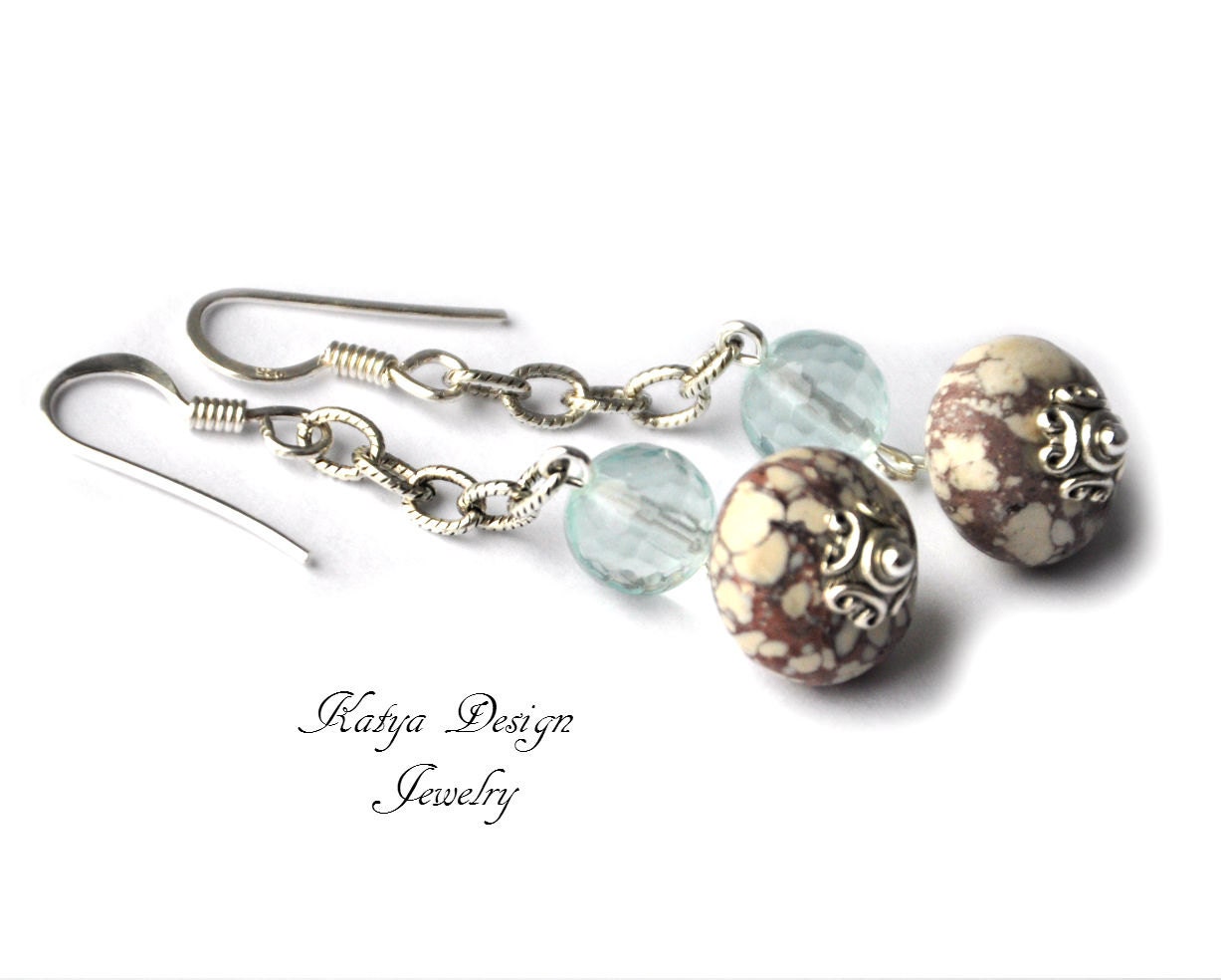 Earrings long, chain, jasper, quartz, the ear hooks sterling silver