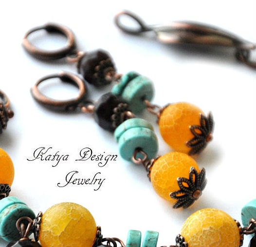 Earrings orange blue,agate,blue turquoise,garnet
