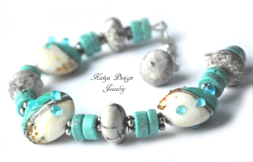 Reserved Bracelet lampwork, jasper, silver plated,turquoise