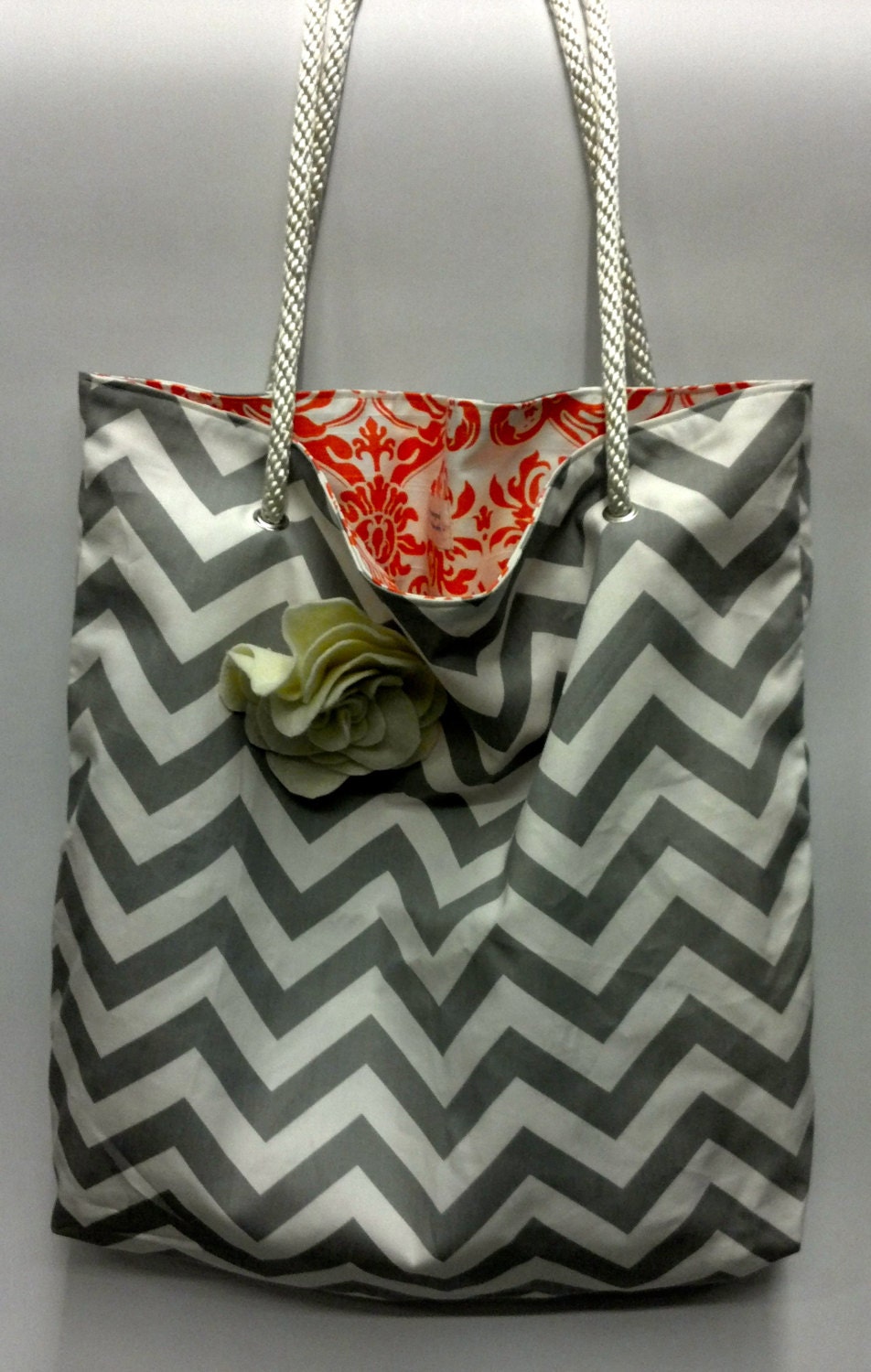 REVERSIBLE orange damask and grey chevron tote