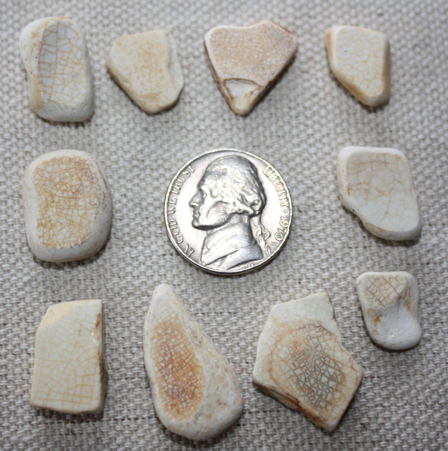 Genuine Atlantic Ocean Tumbled Beach Pottery, Ceramic, Glass, Shards-Lot Of 10 Pieces, Milky White, Orange, Peach, Heart Shaped-Jewelry