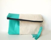 Clutch bag, Canvas and genuine leather, Foldover, Bright turquoise blue, Mint Blue