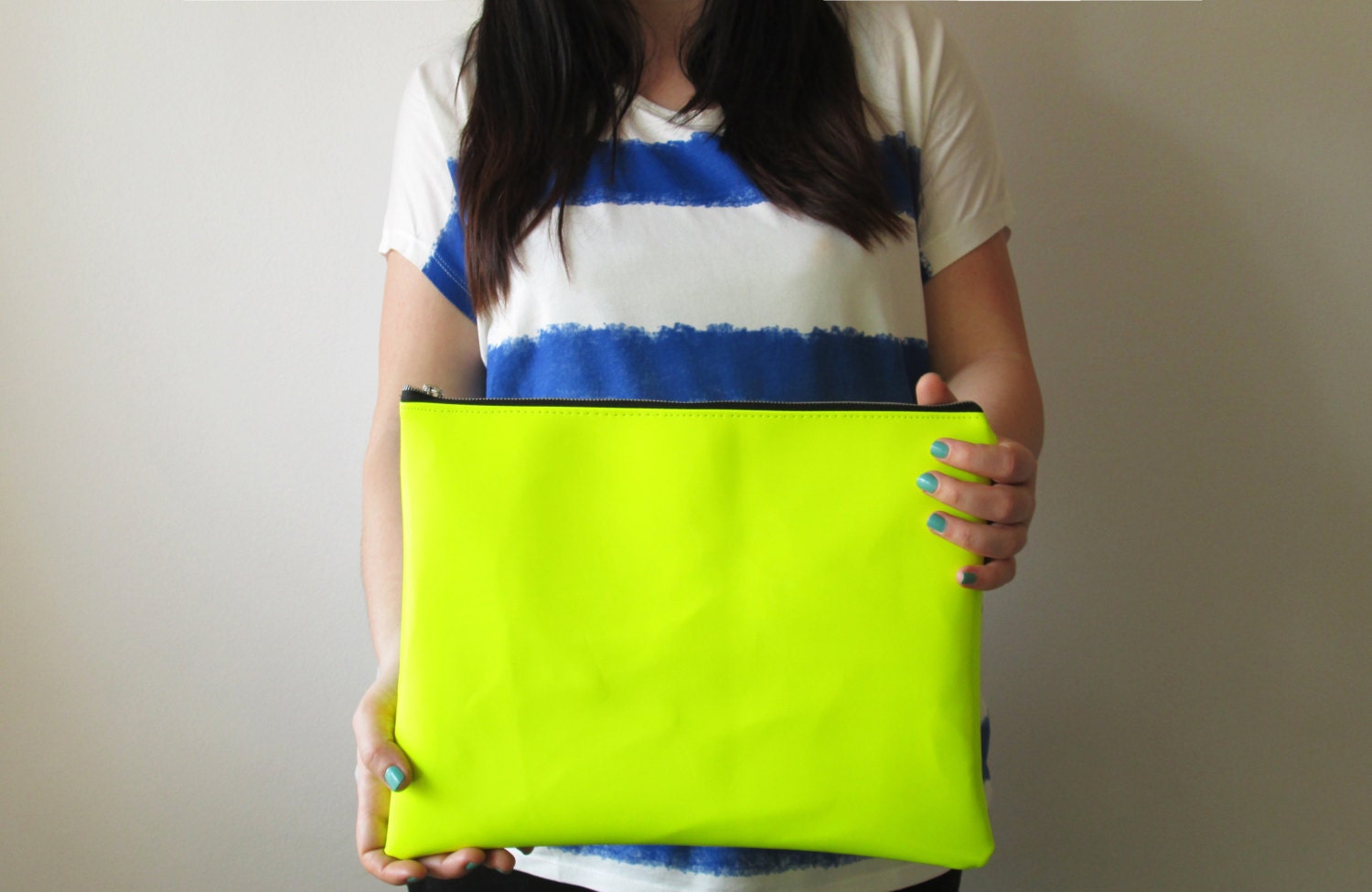 Large Neon Clutch, Portfolio clutch, Patent clutch, purse, Flourescent Yellow