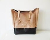 Tote bag, Shoppers bag, Faux suede and vegan leather, Tan and black, Color block