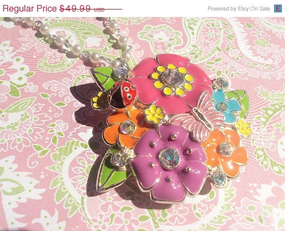 50% OFF SALE Flower Butterfly Lady Bug Locket Pearl Necklace by Amanda Lynne LUXE