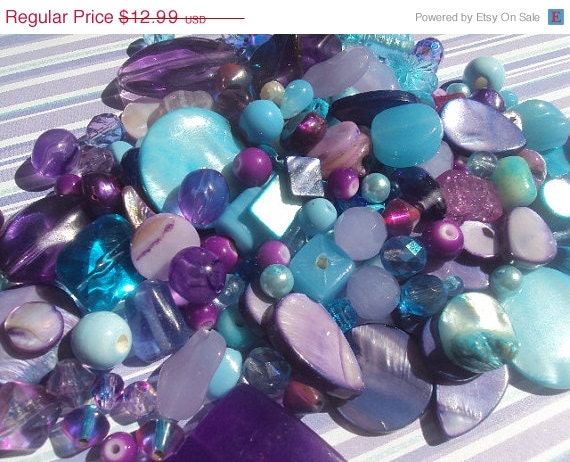 40% OFF SALE Blue Raspberry Aqua Blue Lavender Purple Shell, Glass, Plastic Beads 50 Piece Set 4-30mm