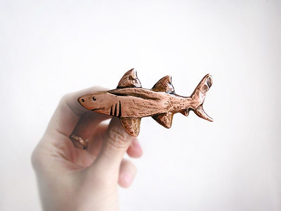 Brooch Big Shark, copper, handmade nautical jewelry, shabby chic