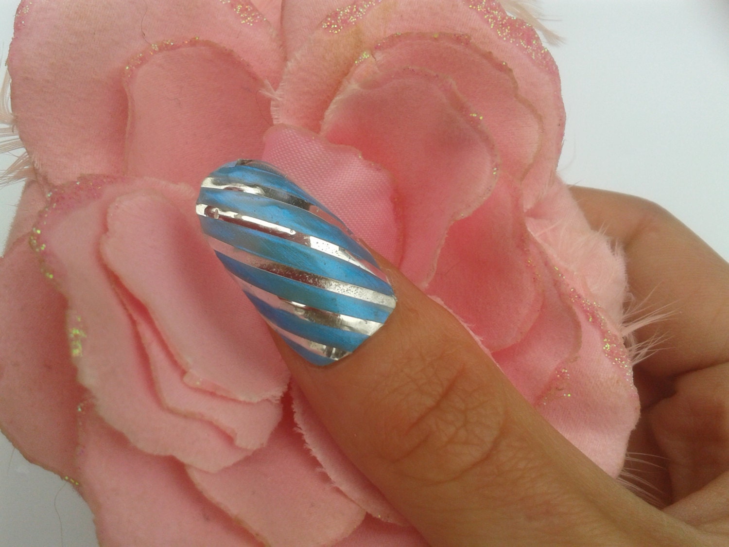 Blue and Silver striped fake nails, artificial nails, acrylic nails, false nails, nail art