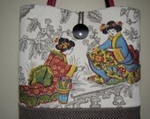 THE TOTE BAG Handmade from a Beige Upholstery Fabric with Woven Floral Pattern, Embroidered Geisha's Images and a Gusset.
