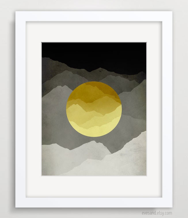 Mountains Abstract Landscape, Mid Century Modern Art, Minimalist Poster, Black and Yellow