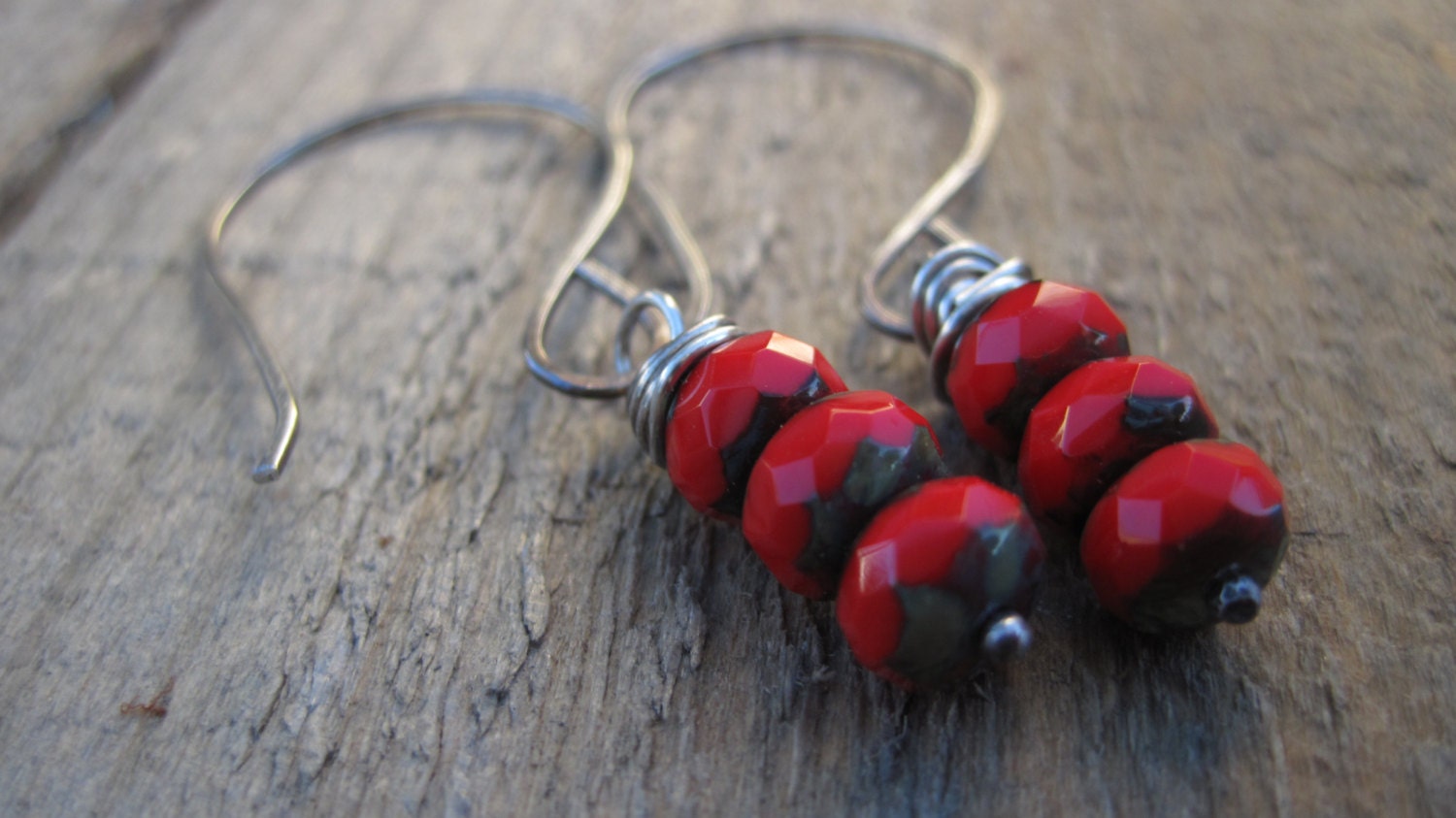 Red Pebble Earrings- Silver hand forged earwires