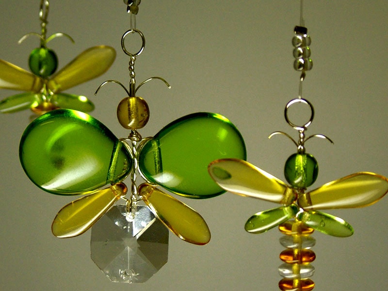 Crystal Butterfly Mobile, Children Moible, Australia, Crystal Suncatcher, Glass Suncatcher, Decoration, Glass Mobile,  Green, Golden Yellow