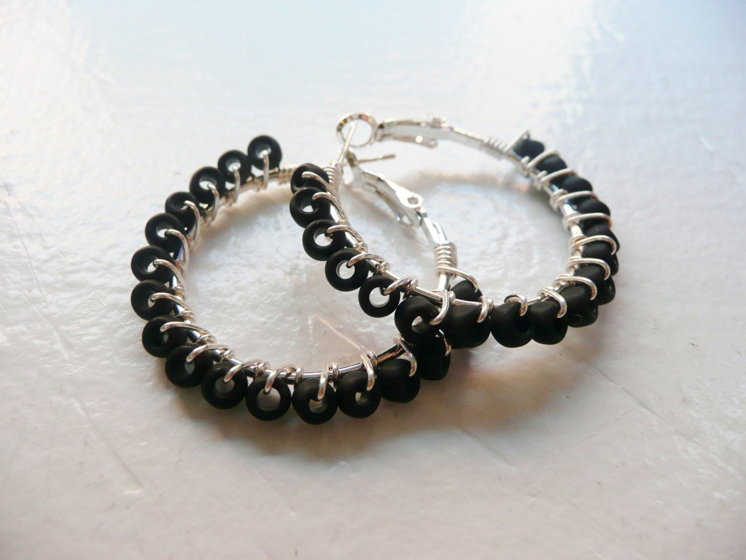 Silver Wire Wrapped Hoops with Matt Glass Black Seed Beads