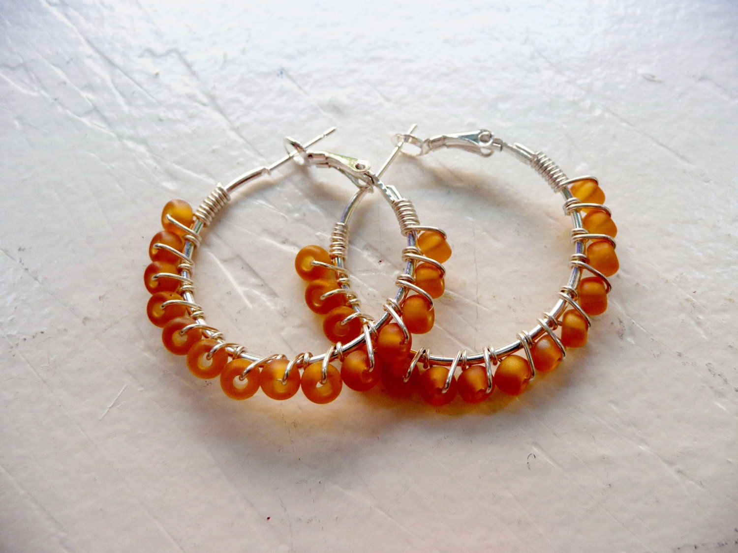 Silver Wire Wrapped Hoops with Frosted Honey Coloured Seed Beads