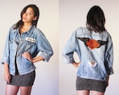 Vintage 80's amazing grunge denim jacket harley davidson patch