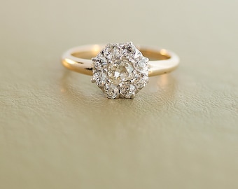 Antique 14k and Platinum Diamond Engagement Flower Style Ring