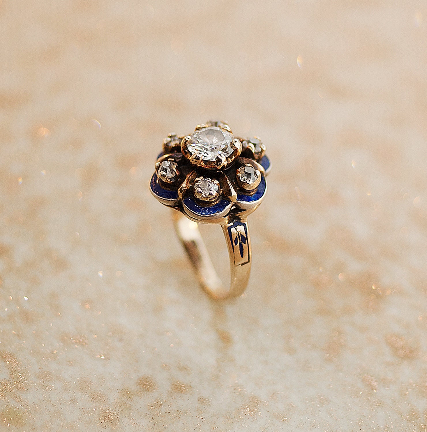 Antique Victorian Jewelry - Rose Gold Ring with Blue Enamel and Diamonds