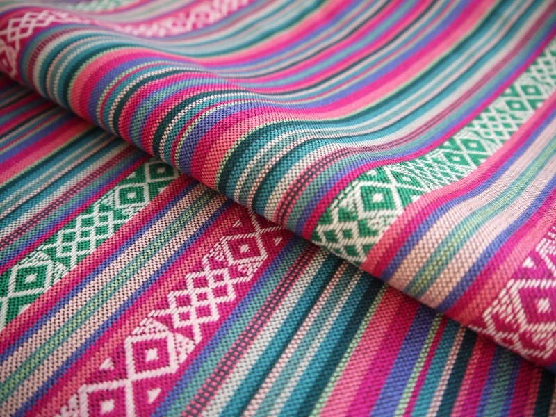 South American Fabric, Peruvian Fabric, Woven, Pink Turquoise Green Cruza Stripes, 1 Yard