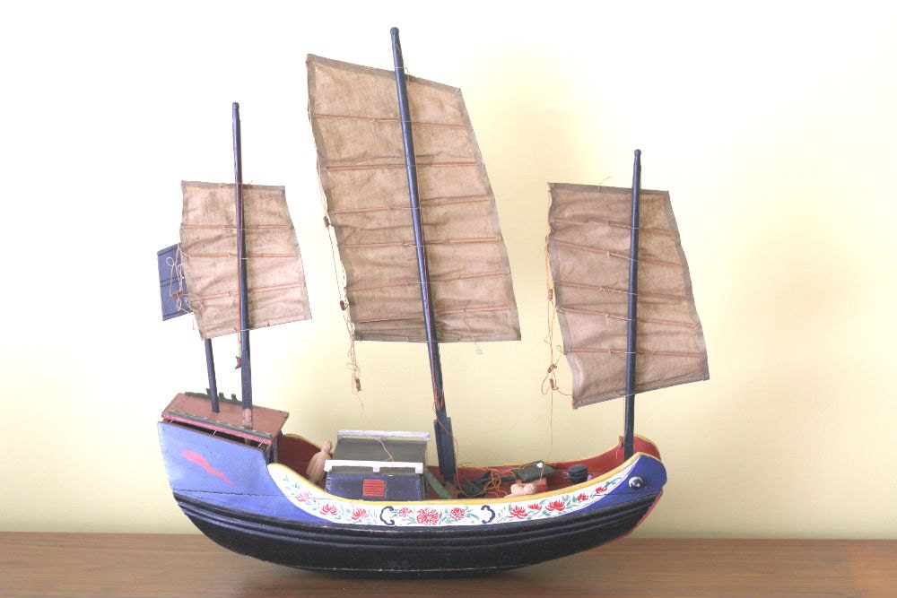 LARGE Vintage Chinese Junk Model Ship Painted Wooden Boat with Cloth Sails