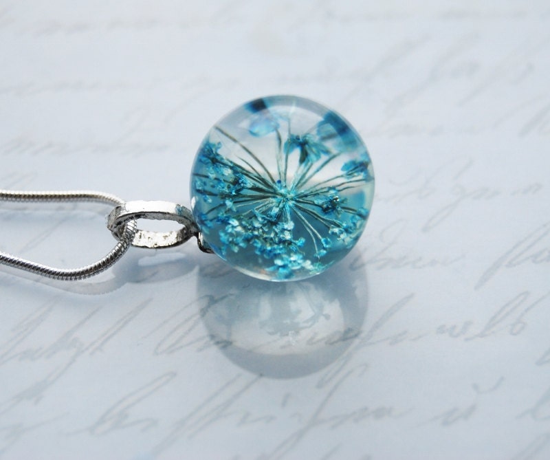 Mini Real Flower Necklace Blue Resin Ball Orb Globe Pressed Flower Jewelry Crystal Clear Petite Dainty Gift for Her
