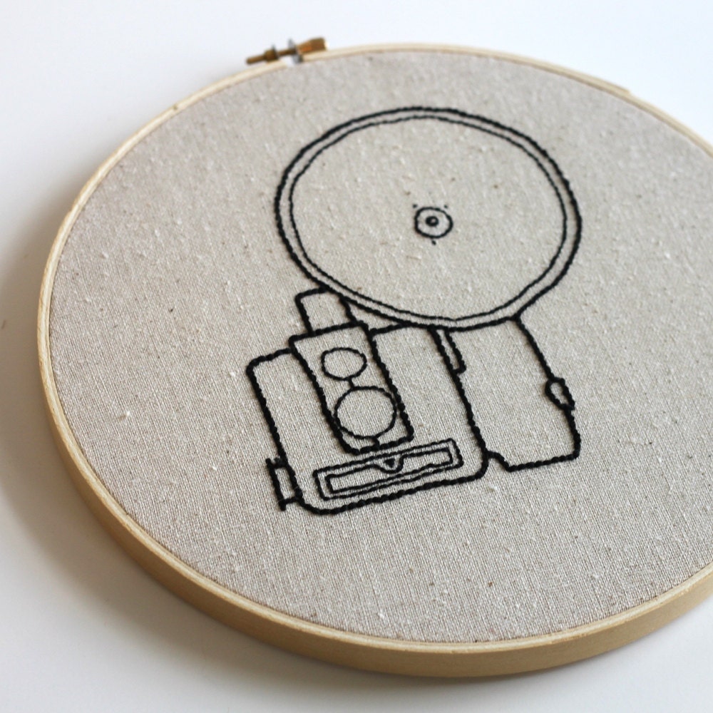 vintage camera embroidery hoop art -- hand embroidered