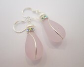 Frosted Pink Seaglass, Rhinestone and Freshwater Pearl Drop Earrings - Bridal, Bridesmaid, Spring,
