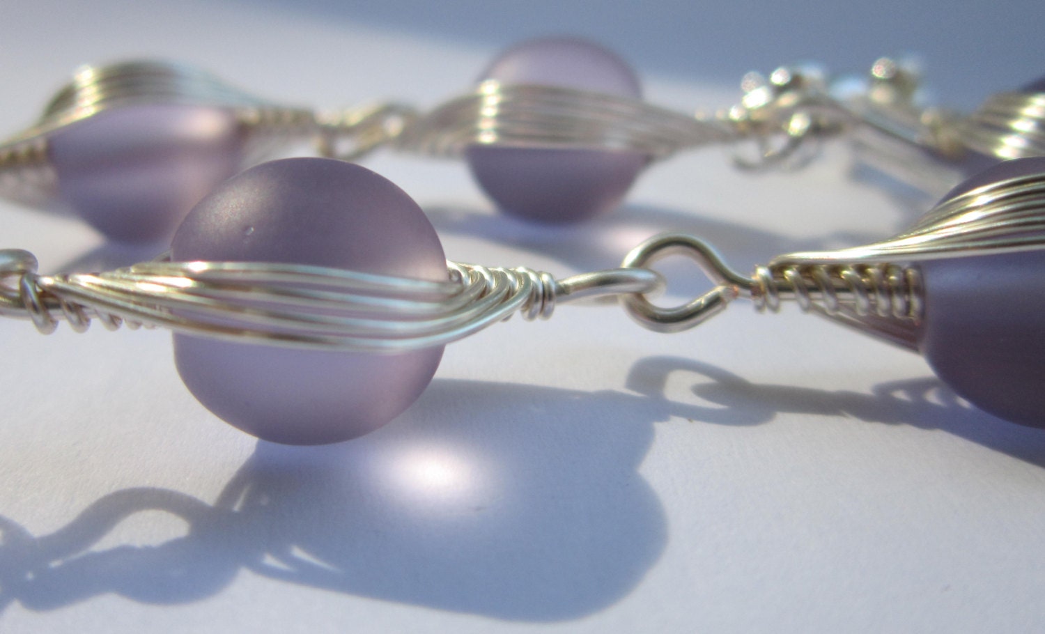 Soft Lavender Sea Glass and Silver Wrapped Link Bracelet - Beach Glass, Herringbone Metal Weave, Wire Weave, Artsy, Intricate