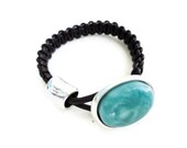 womens brown leather bracelet with turquoise resin button clasp and sterling  silver plate ring spacer. macrame bracelet