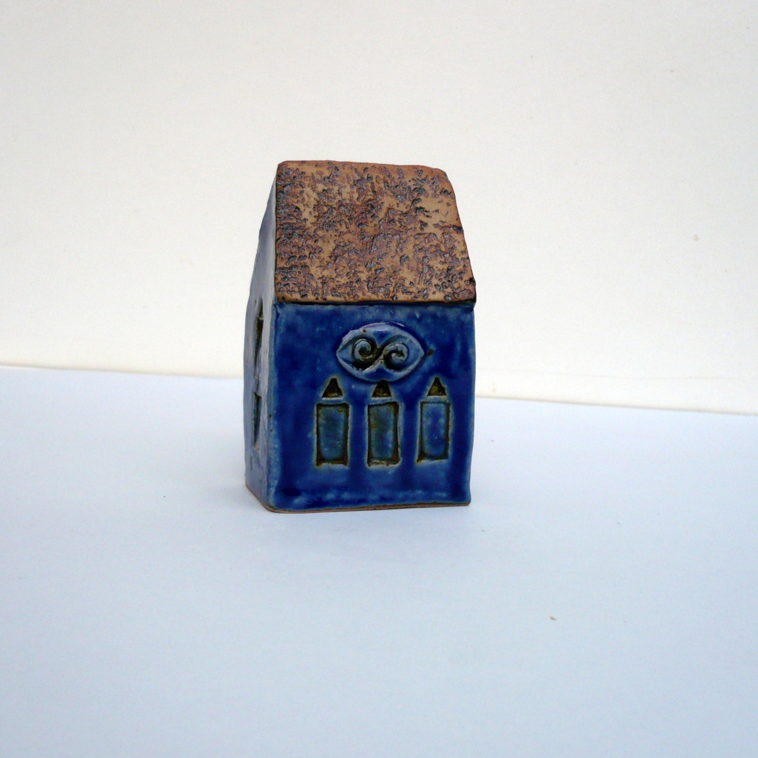 Blue School House. Ceramic Miniature House. OOAK.