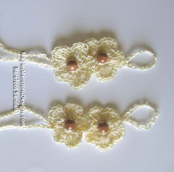 Cotton Ivory Barefoot Sandals Foot Jewelry with Wood Beads Handmade Crocheted One Size Fits Tweens, Teens and Women