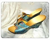 Vintage Brocade Wedge Heels Shoes by Idlelizers Turquoise Boudoir Slippers   -  S001a-032813000