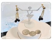 Three Chains Dangling Faceted Black Lucite Beads - Screw Back Vintage Earrings -  E1915a-080512000