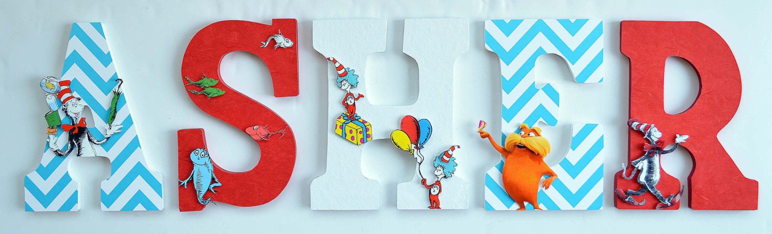 Dr. Seuss Nursery - Teal, Red and White - 10" Personalized Childrens Wood Letters